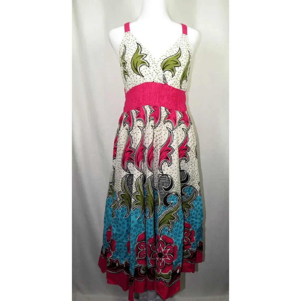 Indian Tropical Fashion Women's Size M/L Multi Color Floral V Neck Smocked Dress